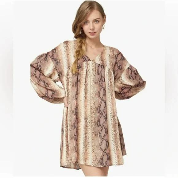 NWT Entro Python Print Babydoll Mini Dress Puff Sleeves Boho Chic Size Large - Picture 2 of 13